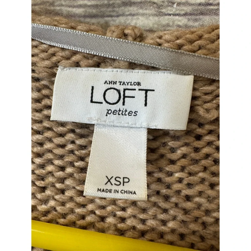 Ann Taylor Loft Hooded Cable Knit Cardigan Sweater Brown Wool Alpaca XSP Petites